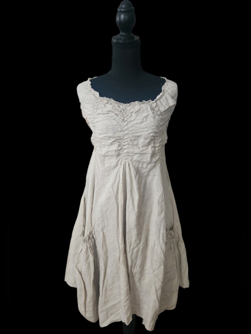 Light Beige Gathered Bodice Midi Dress - Women's